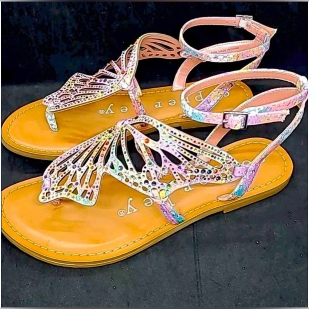 Copper Key Multicolor Butterfly Cutout Ankle Strap Sandals - Picture 4 of 11